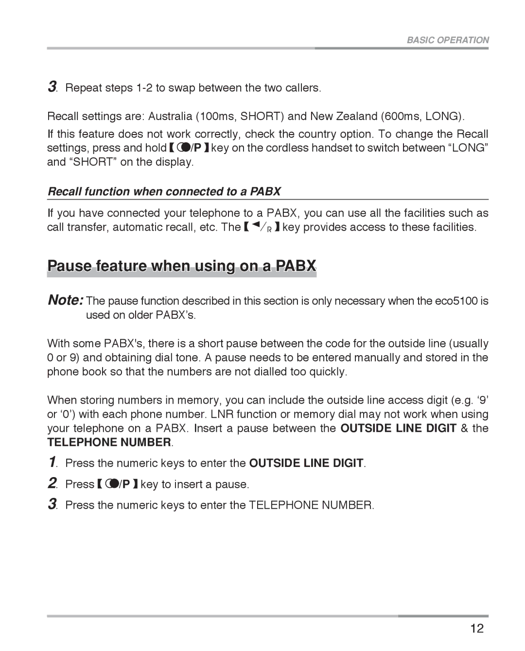 Oricom eco5100 Series manual Pause feature when using on a Pabx, Recall function when connected to a Pabx 