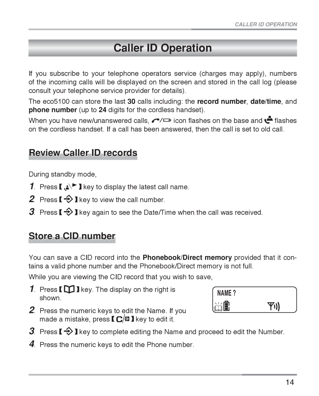 Oricom eco5100 Series manual Caller ID Operation, Review Caller ID records, Store a CID number 