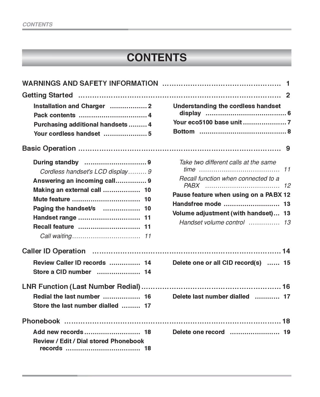 Oricom eco5100 Series manual Contents 