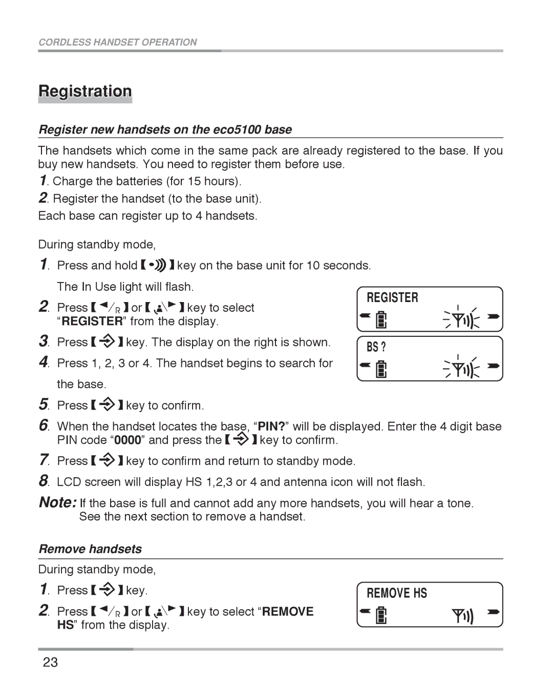 Oricom eco5100 Series manual Registration, Register new handsets on the eco5100 base, Remove handsets 