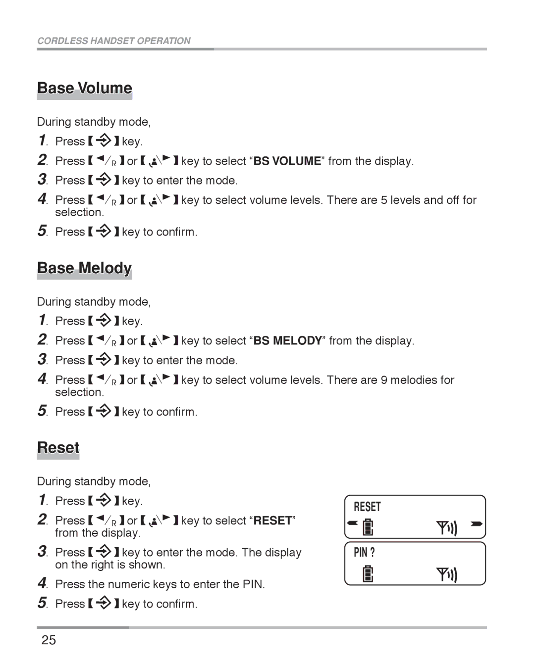 Oricom eco5100 Series manual BaseVolume, Base Melody, Reset 