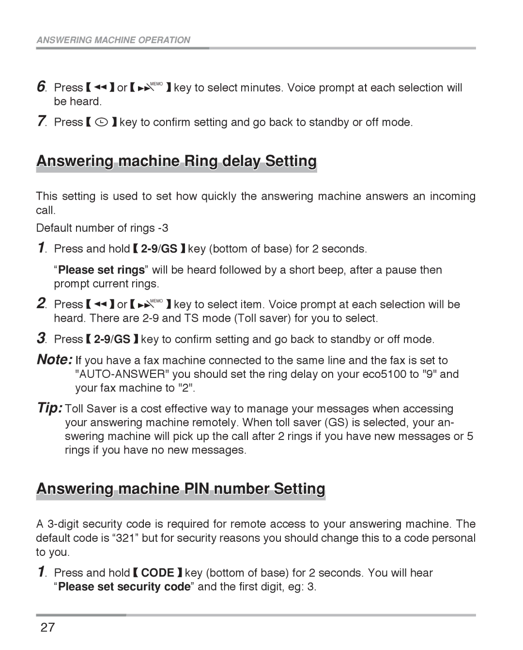 Oricom eco5100 Series manual Answering machine Ring delay Setting, Answering machine PIN number Setting 