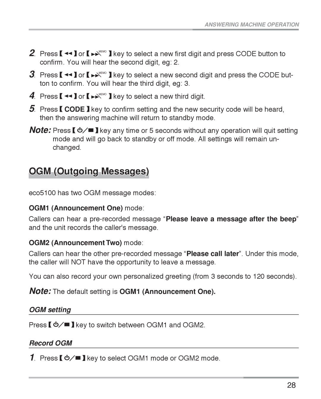 Oricom eco5100 Series manual OGM Outgoing Messages, OGM1 Announcement One mode, OGM2 AnnouncementTwo mode, OGM setting 