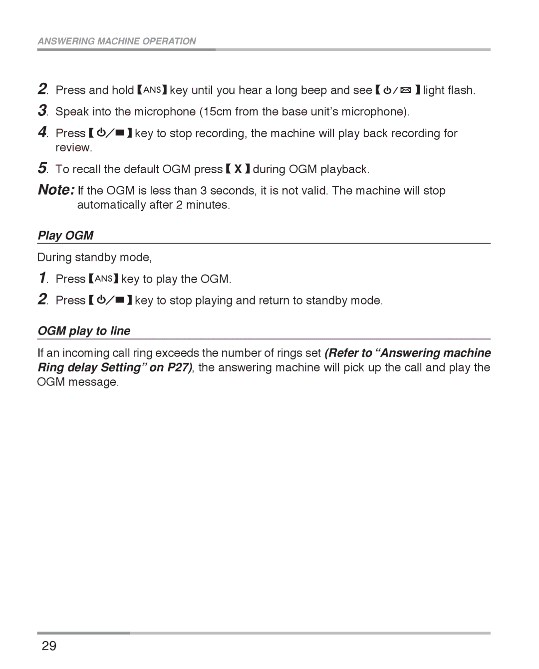 Oricom eco5100 Series manual Play OGM, OGM play to line 