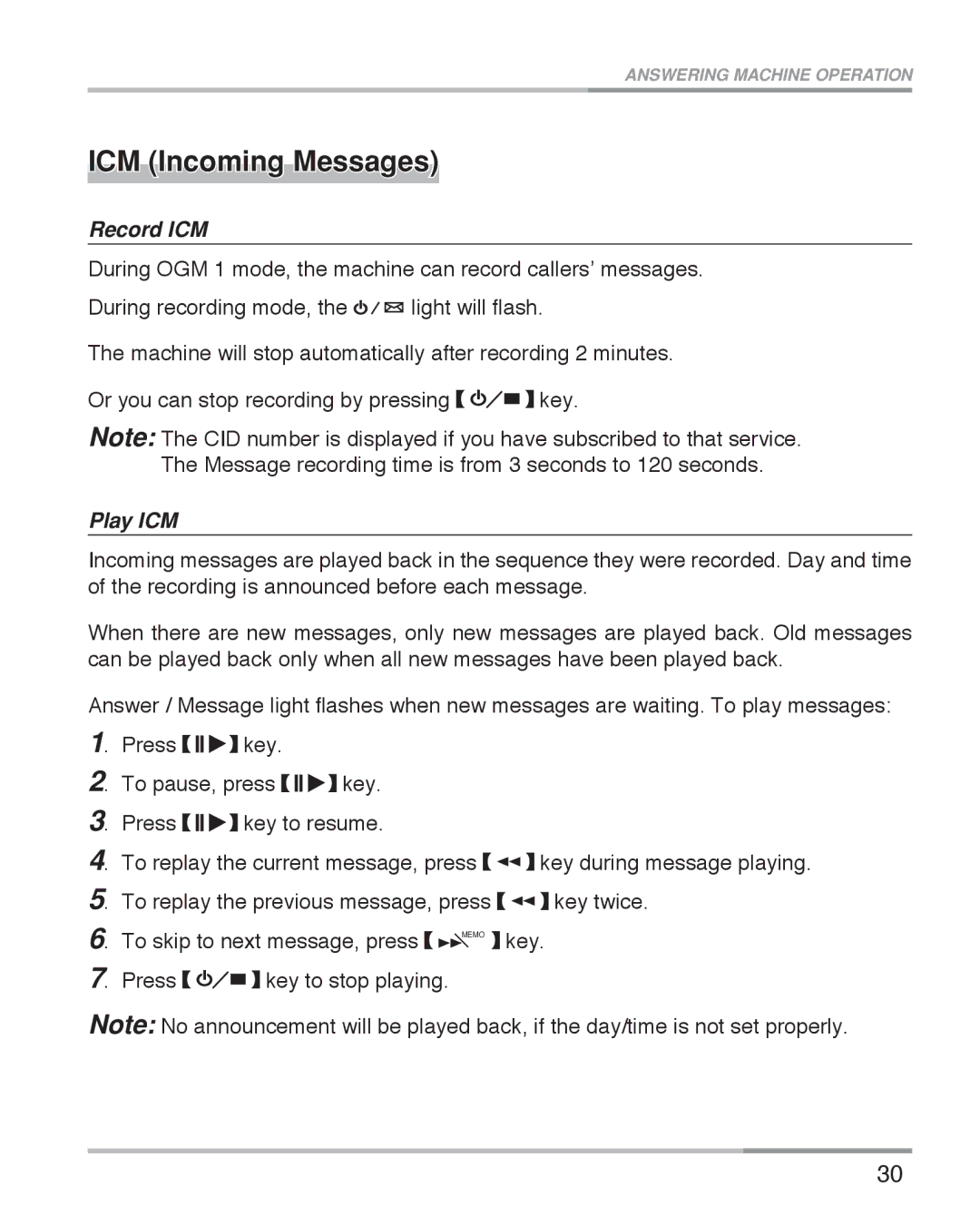 Oricom eco5100 Series manual ICM Incoming Messages, Record ICM, Play ICM 