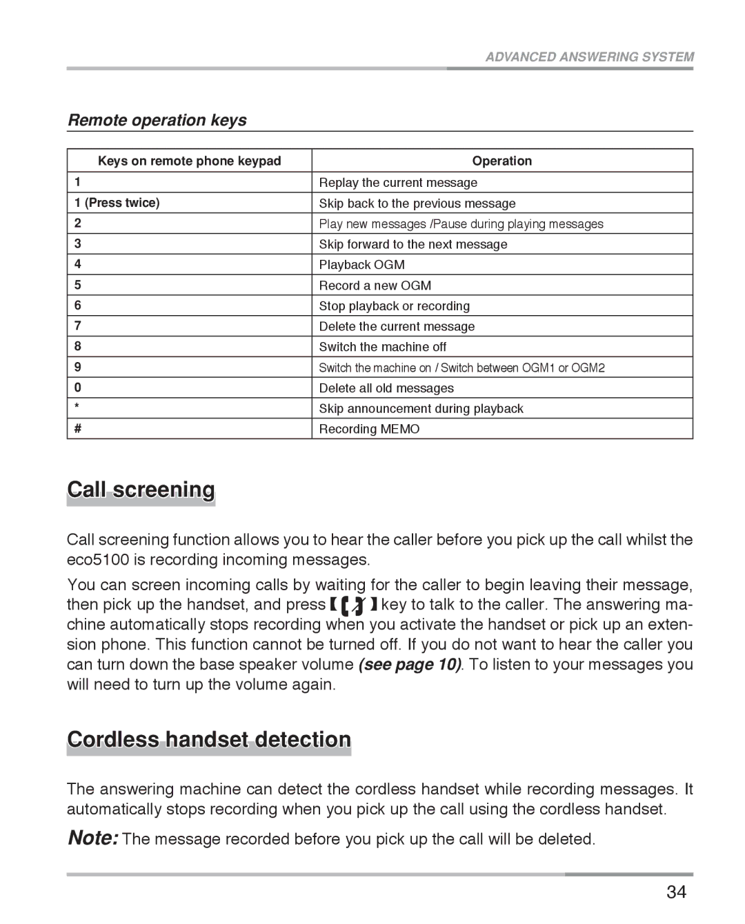 Oricom eco5100 Series manual Call screening, Cordless handset detection, Remote operation keys 