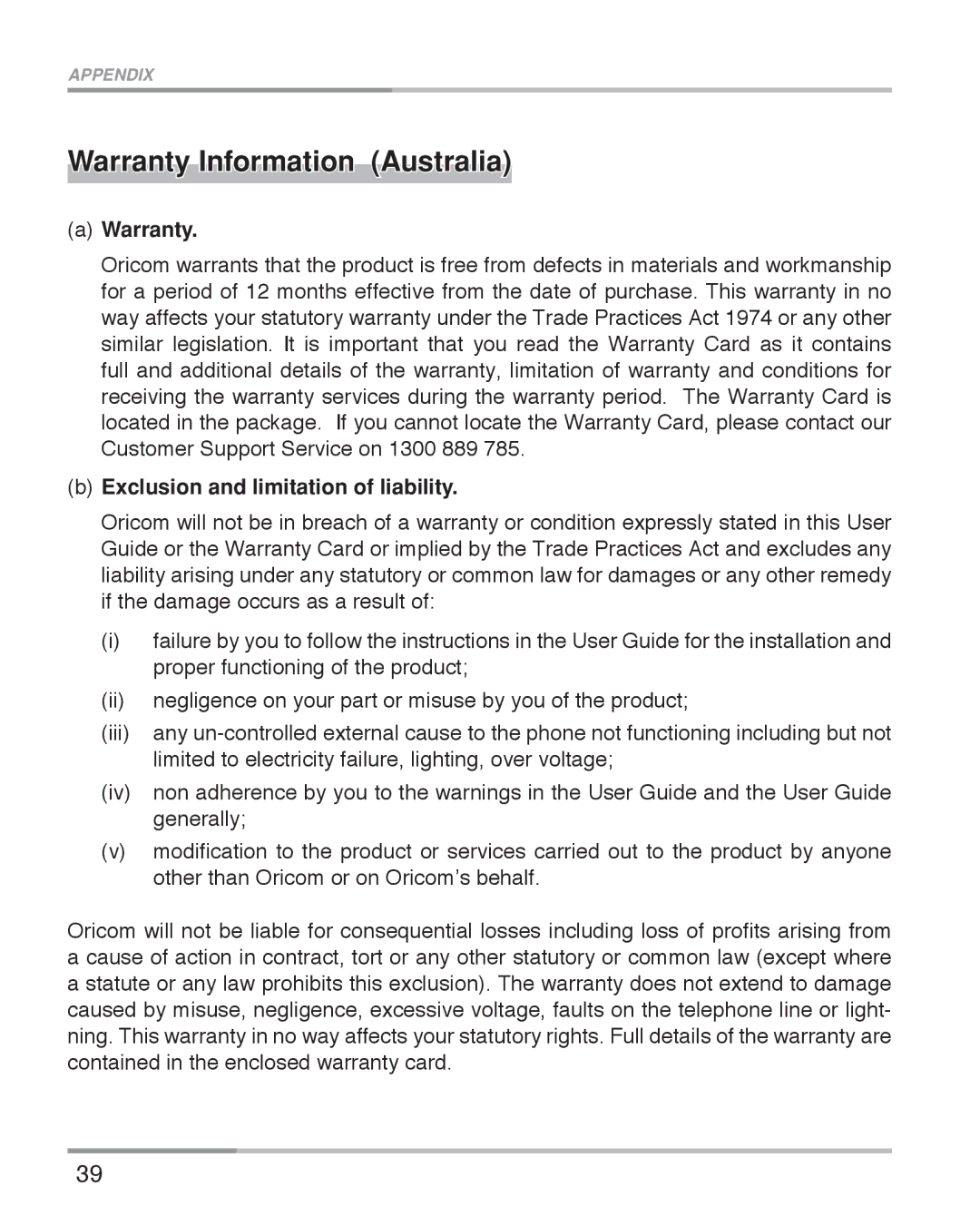 Oricom eco5100 Series manual Warranty Information Australia, Exclusion and limitation of liability 