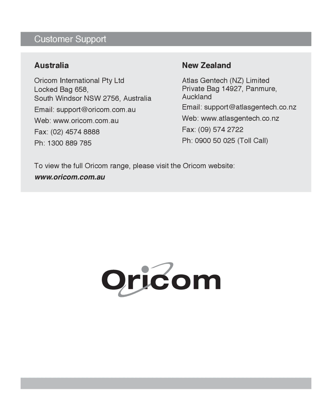 Oricom eco5100 Series manual Customer Support 