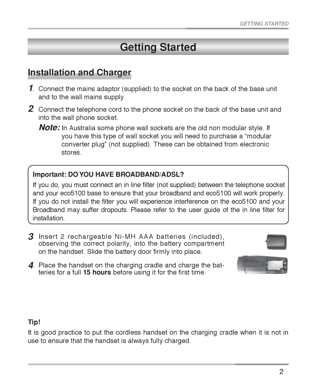 Oricom eco5100 Series manual Getting Started, Installation and Charger, ImportantDOYOU have BROADBAND/ADSL?, Tip 