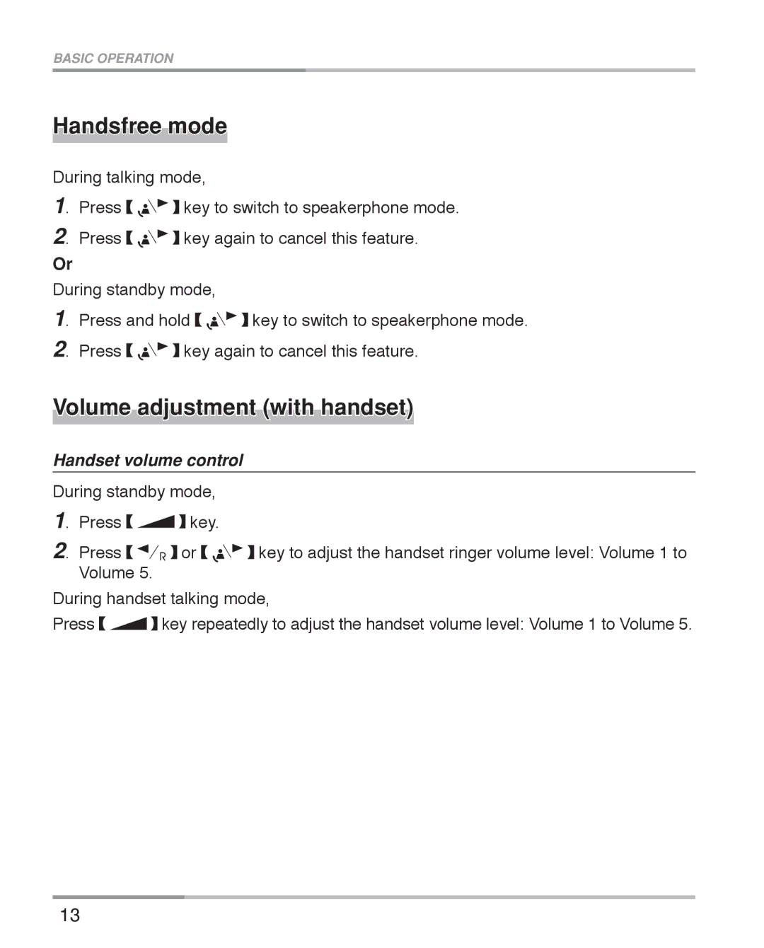 Oricom ECO5100 manual Handsfree mode, Volume adjustment with handset, Handset volume control 