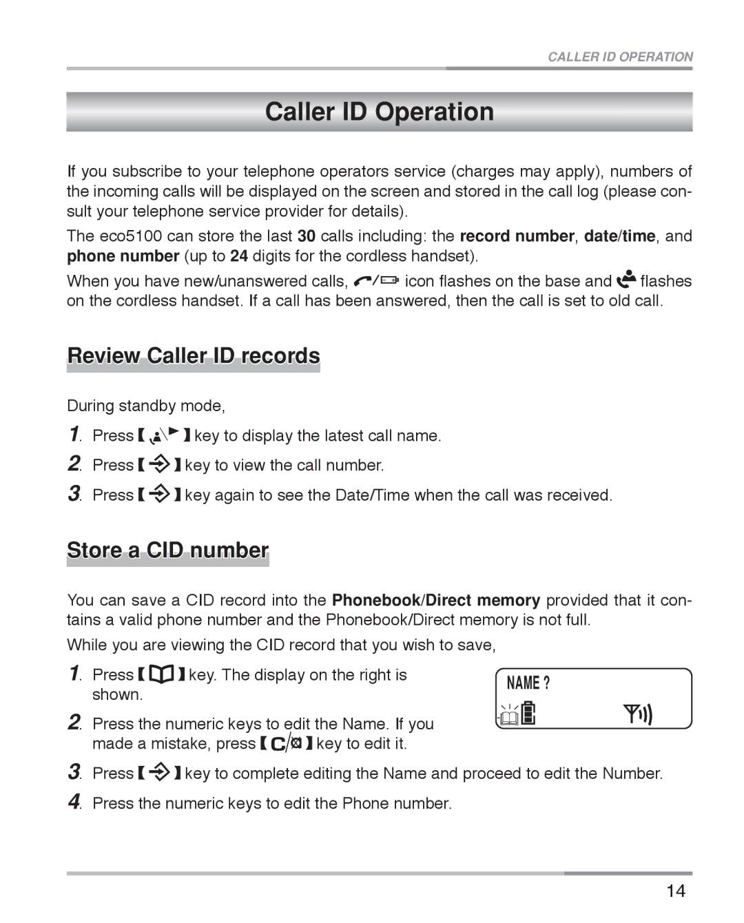 Oricom ECO5100 manual Caller ID Operation, Review Caller ID records, Store a CID number 