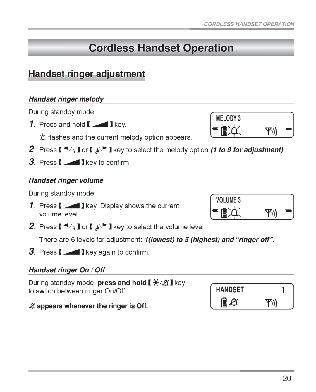 Oricom ECO5100 manual Cordless Handset Operation, Handset ringer adjustment 