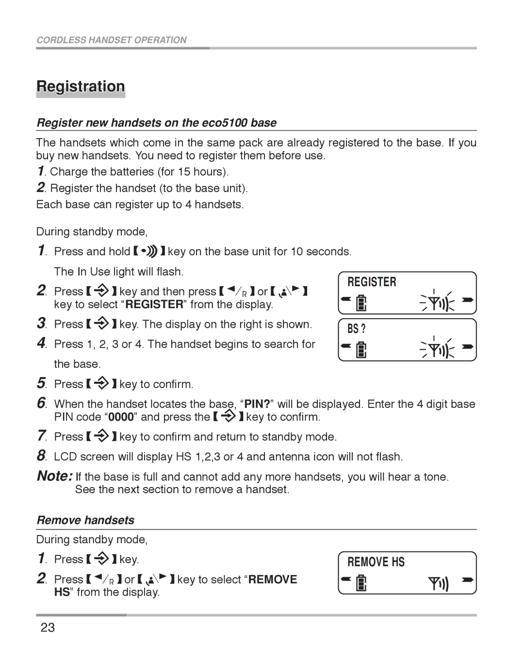 Oricom ECO5100 manual Registration, Register new handsets on the eco5100 base, Remove handsets 