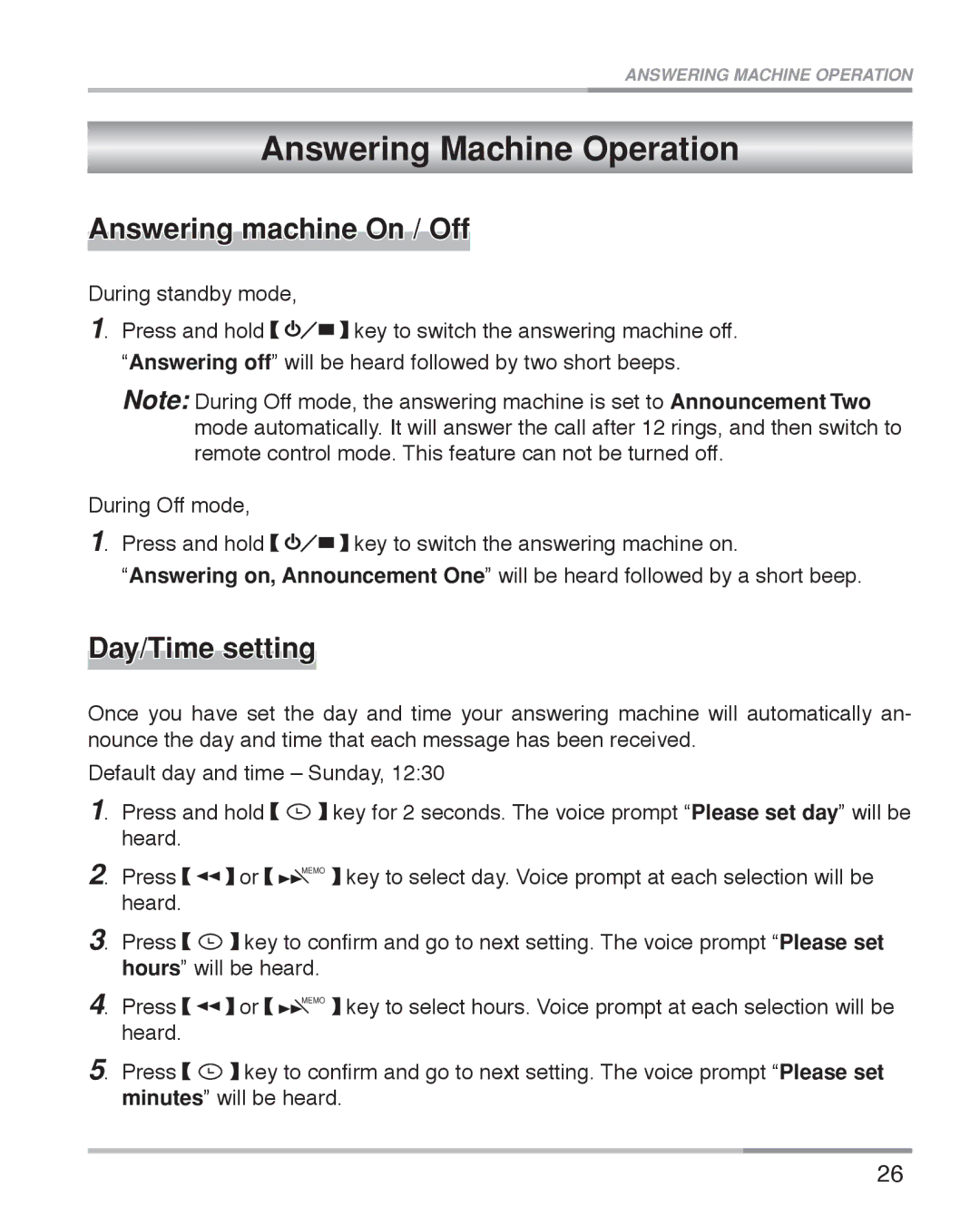 Oricom ECO5100 manual Answering Machine Operation, Answering machine On / Off, Day/Time setting 