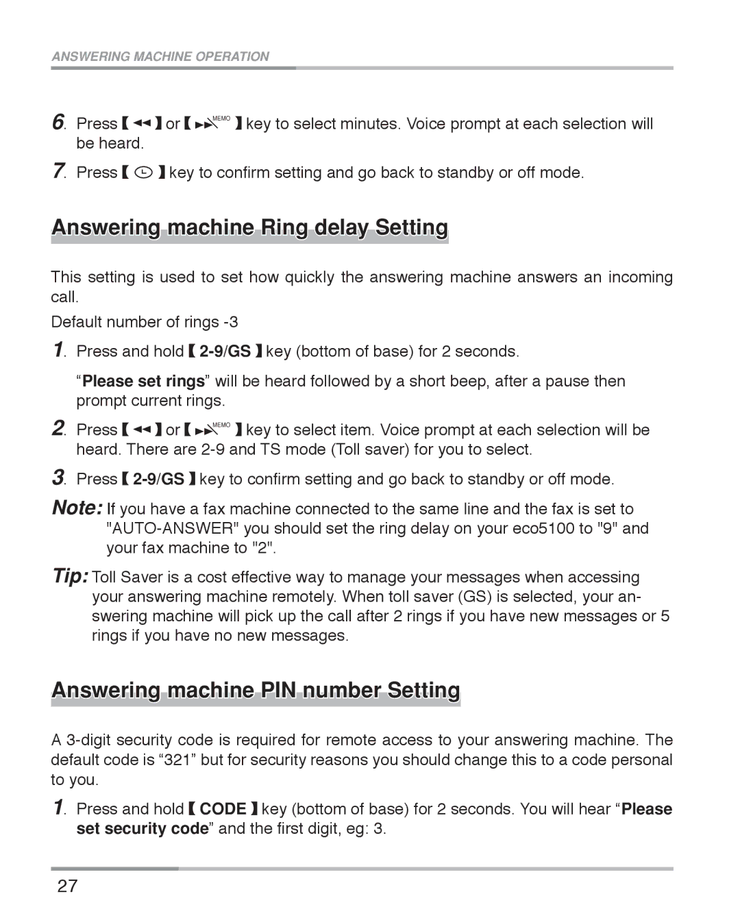 Oricom ECO5100 manual Answering machine Ring delay Setting, Answering machine PIN number Setting 