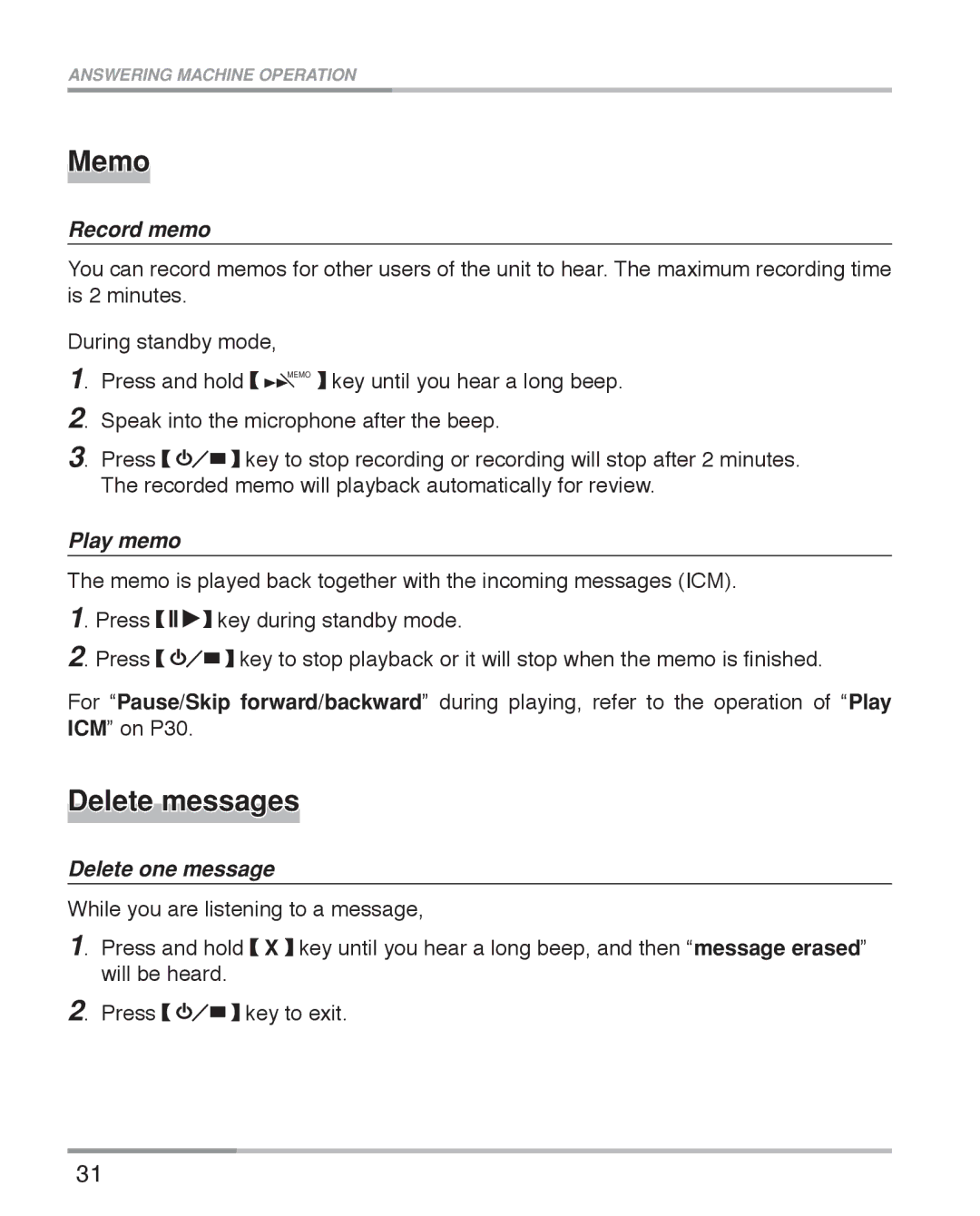 Oricom ECO5100 manual Memo, Delete messages, Record memo, Play memo, Delete one message 