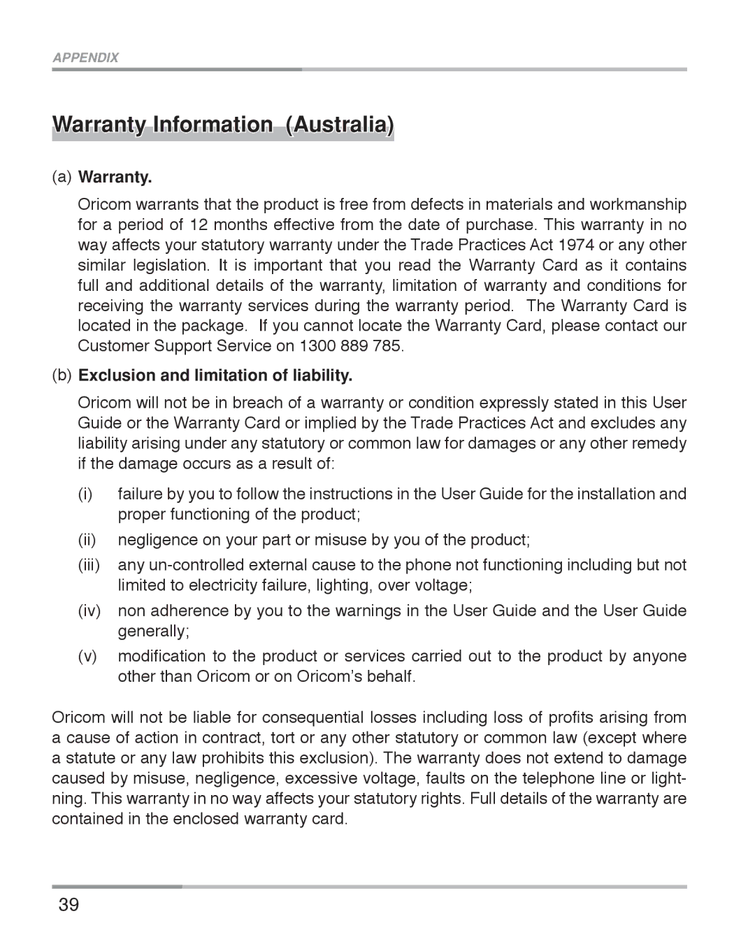 Oricom ECO5100 manual Warranty Information Australia, Exclusion and limitation of liability 