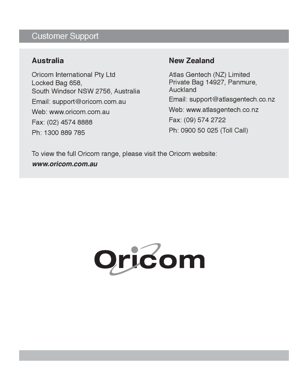 Oricom ECO5100 manual Customer Support 