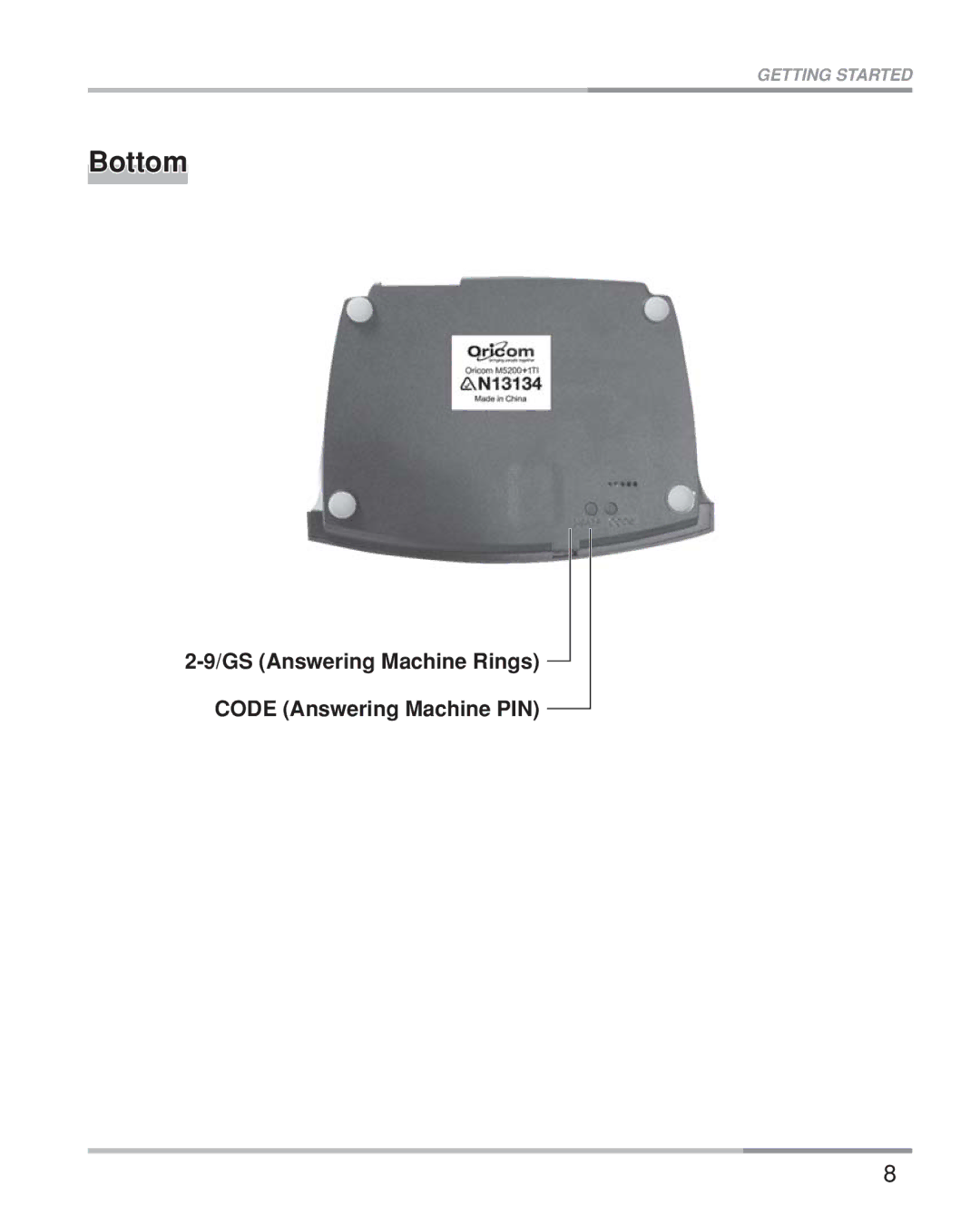 Oricom eco5200 Series manual Bottom, GS Answering Machine Rings Code Answering Machine PIN 