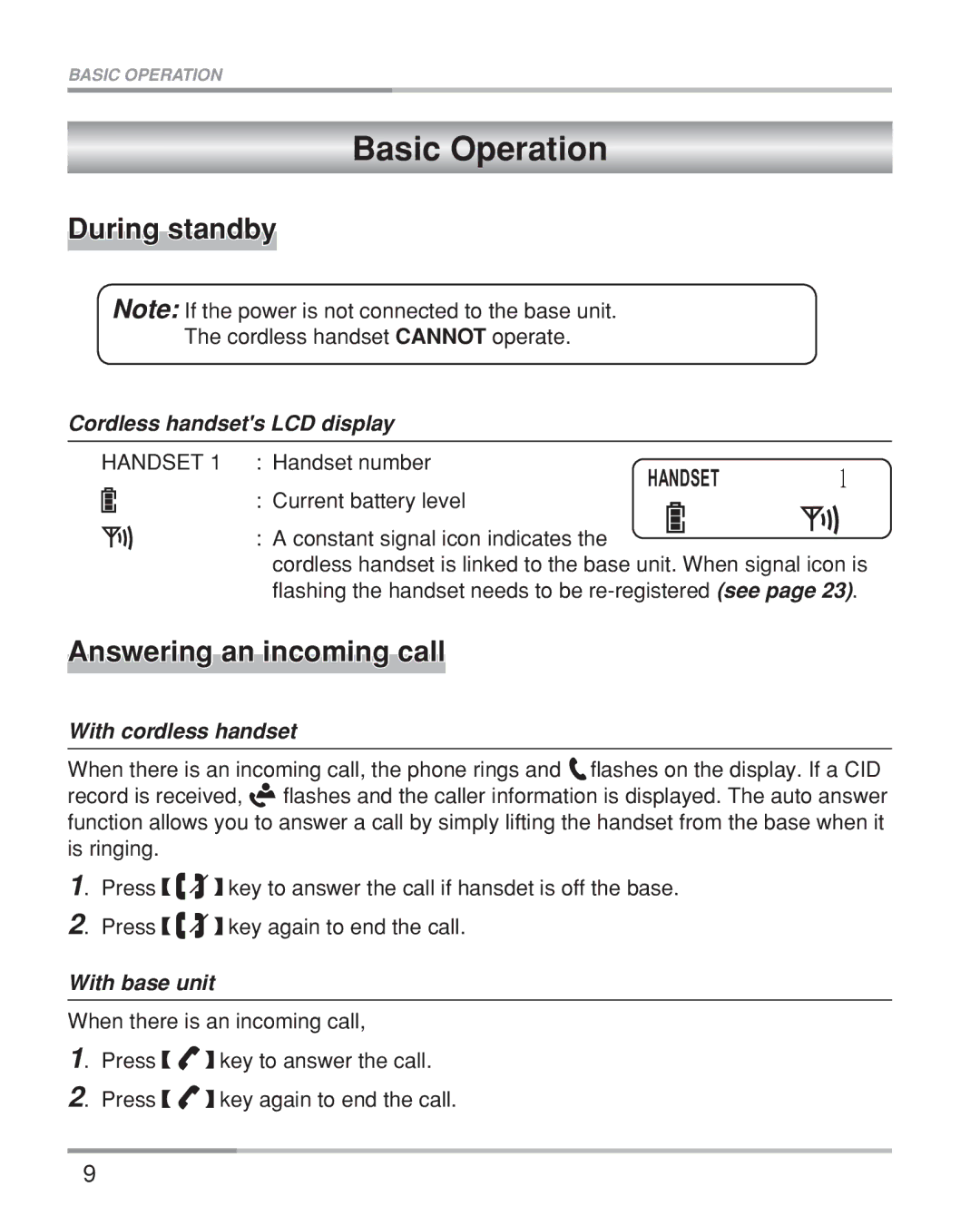 Oricom eco5200 Series manual Basic Operation, During standby, Answering an incoming call 