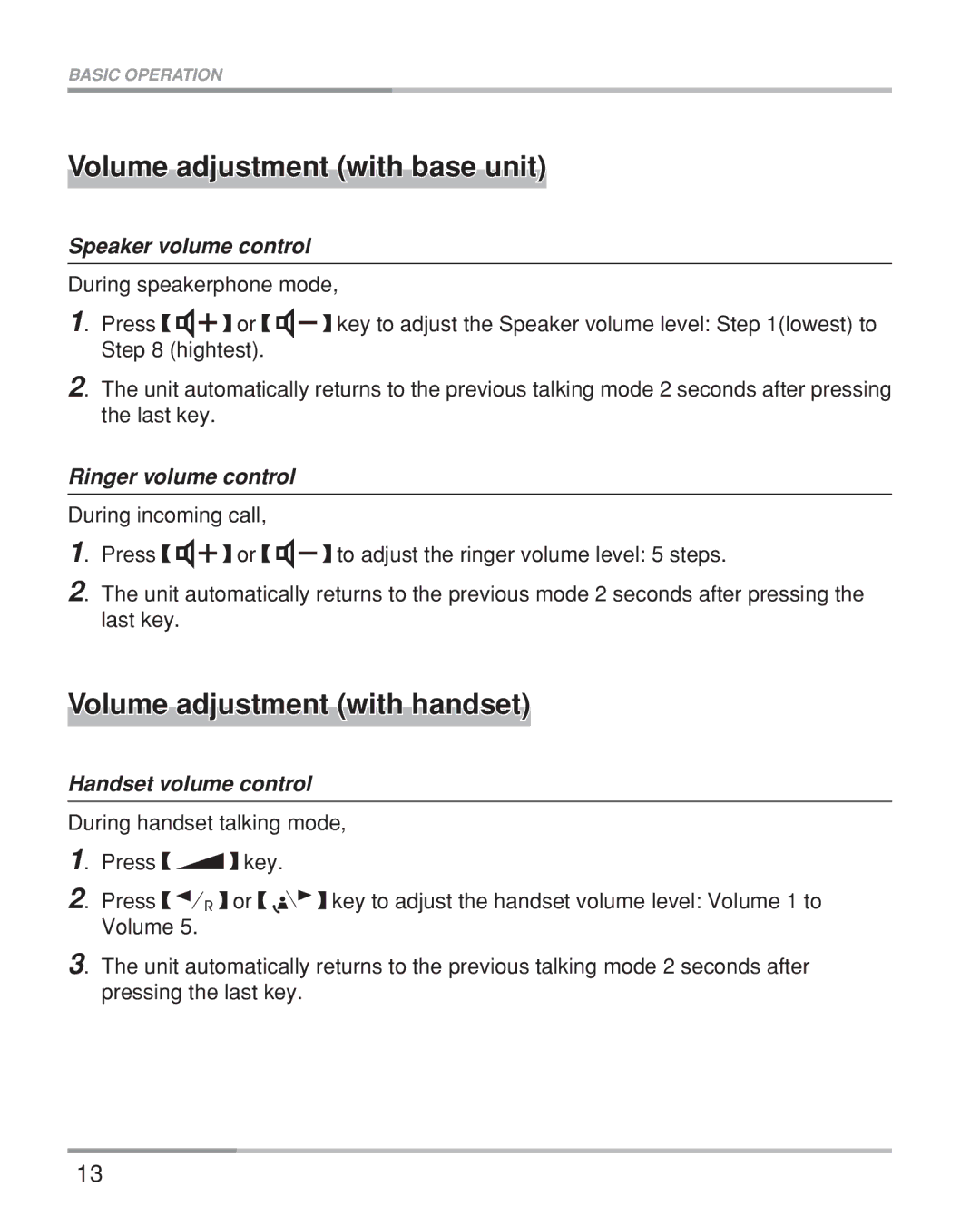 Oricom eco5200 Series manual Volume adjustment with base unit, Volume adjustment with handset, Speaker volume control 