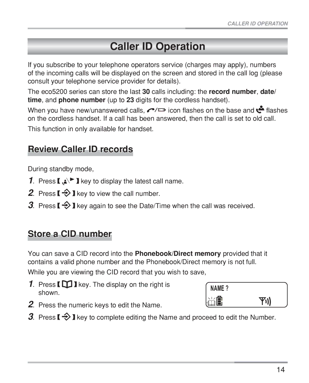 Oricom eco5200 Series manual Caller ID Operation, Review Caller ID records, Store a CID number 