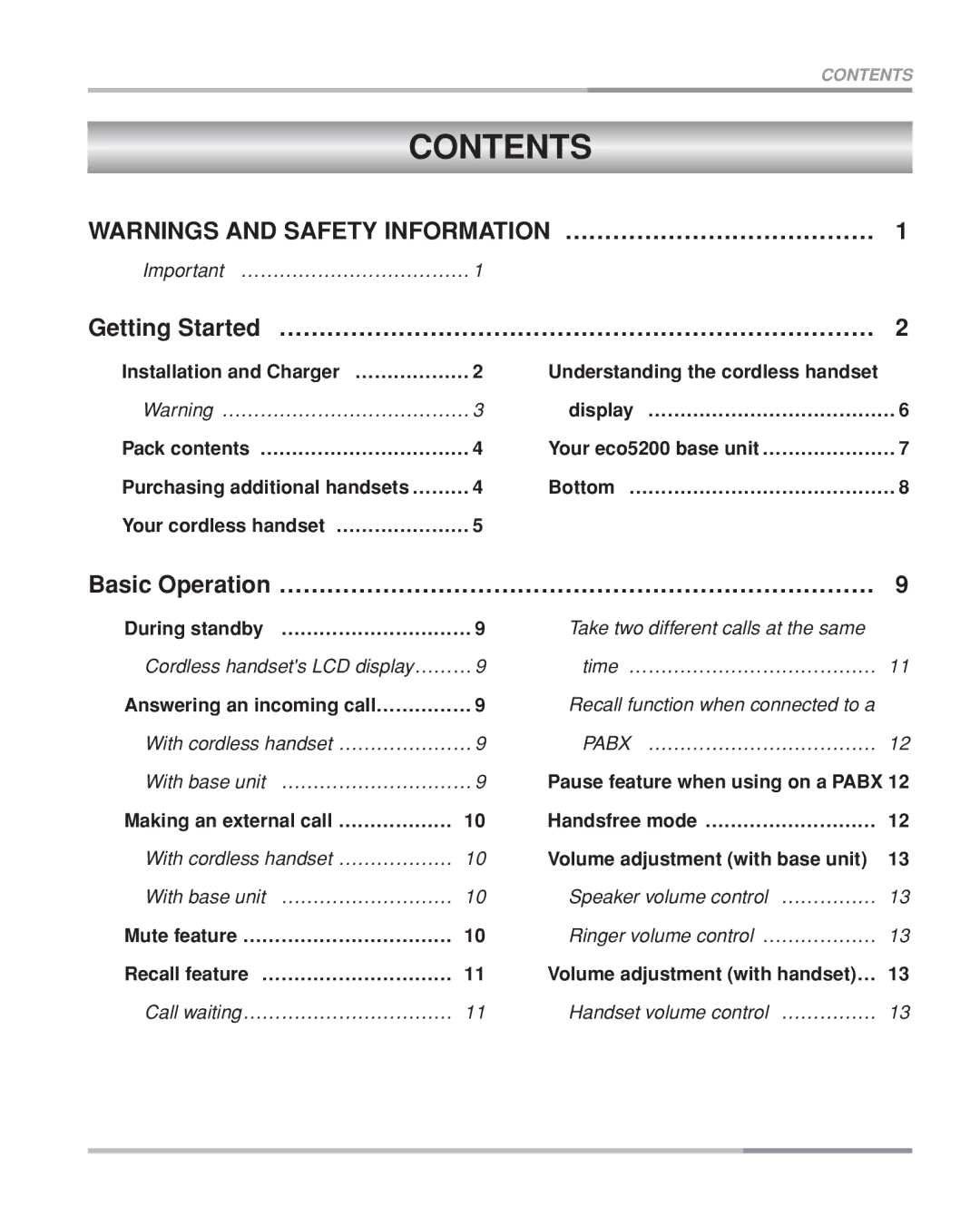 Oricom eco5200 Series manual Contents 