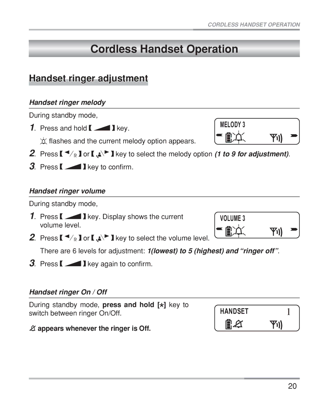 Oricom eco5200 Series Cordless Handset Operation, Handset ringer adjustment, Handset ringer melody, Handset ringer volume 