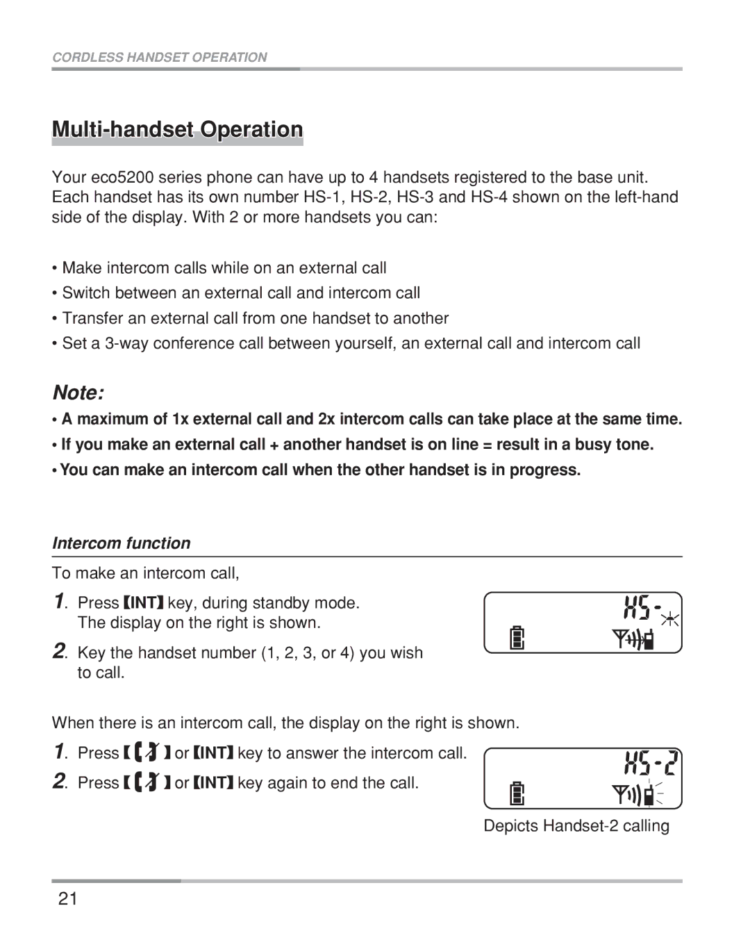 Oricom eco5200 Series manual Multi-handset Operation, Intercom function 