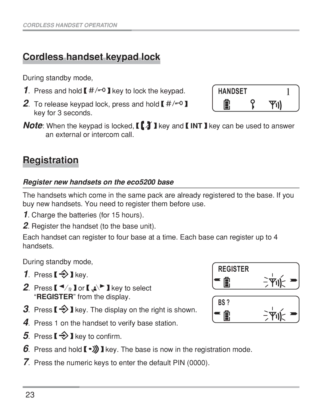 Oricom eco5200 Series manual Cordless handset keypad lock, Registration, Register new handsets on the eco5200 base 