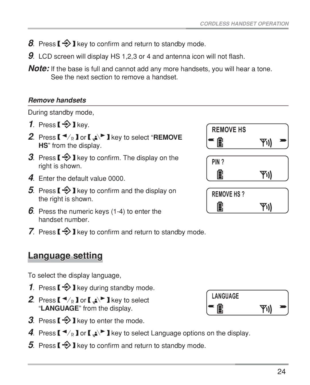 Oricom eco5200 Series manual Language setting, Remove handsets 