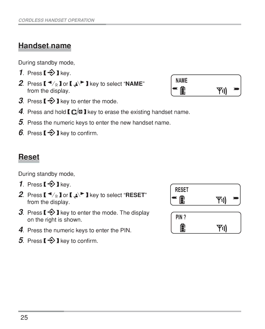 Oricom eco5200 Series manual Handset name, Reset 