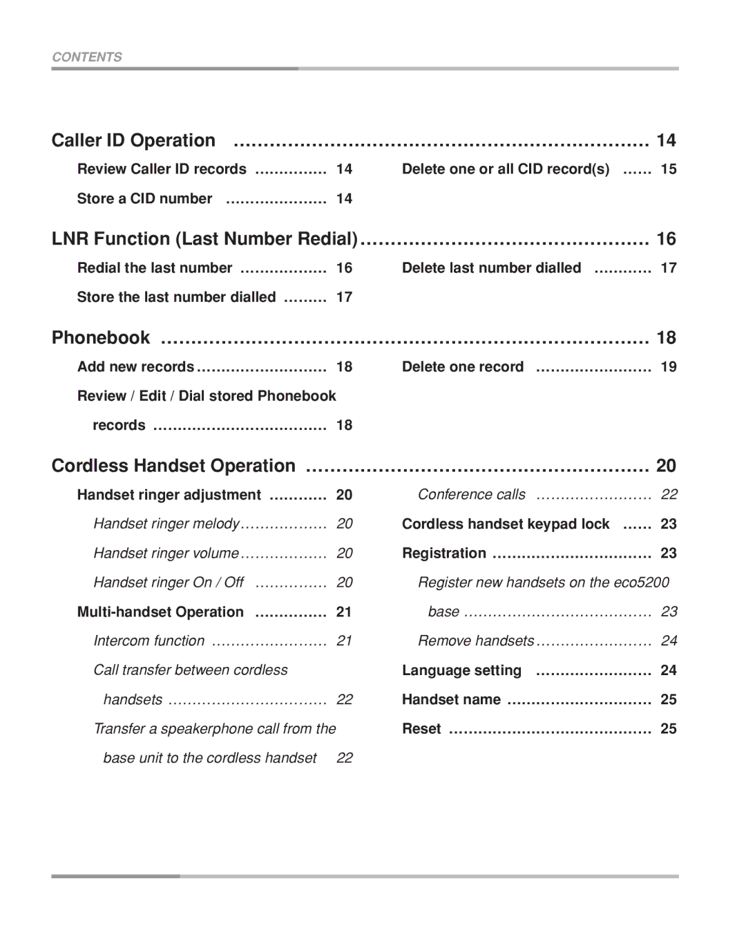 Oricom eco5200 Series manual Caller ID Operation …………………………………………………………… 