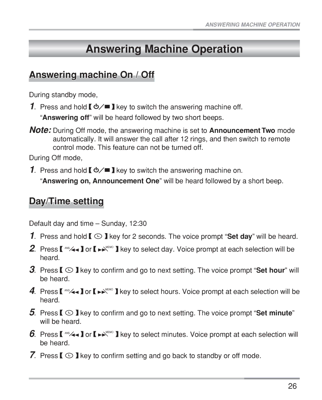 Oricom eco5200 Series manual Answering Machine Operation, Answering machine On / Off, Day/Time setting 