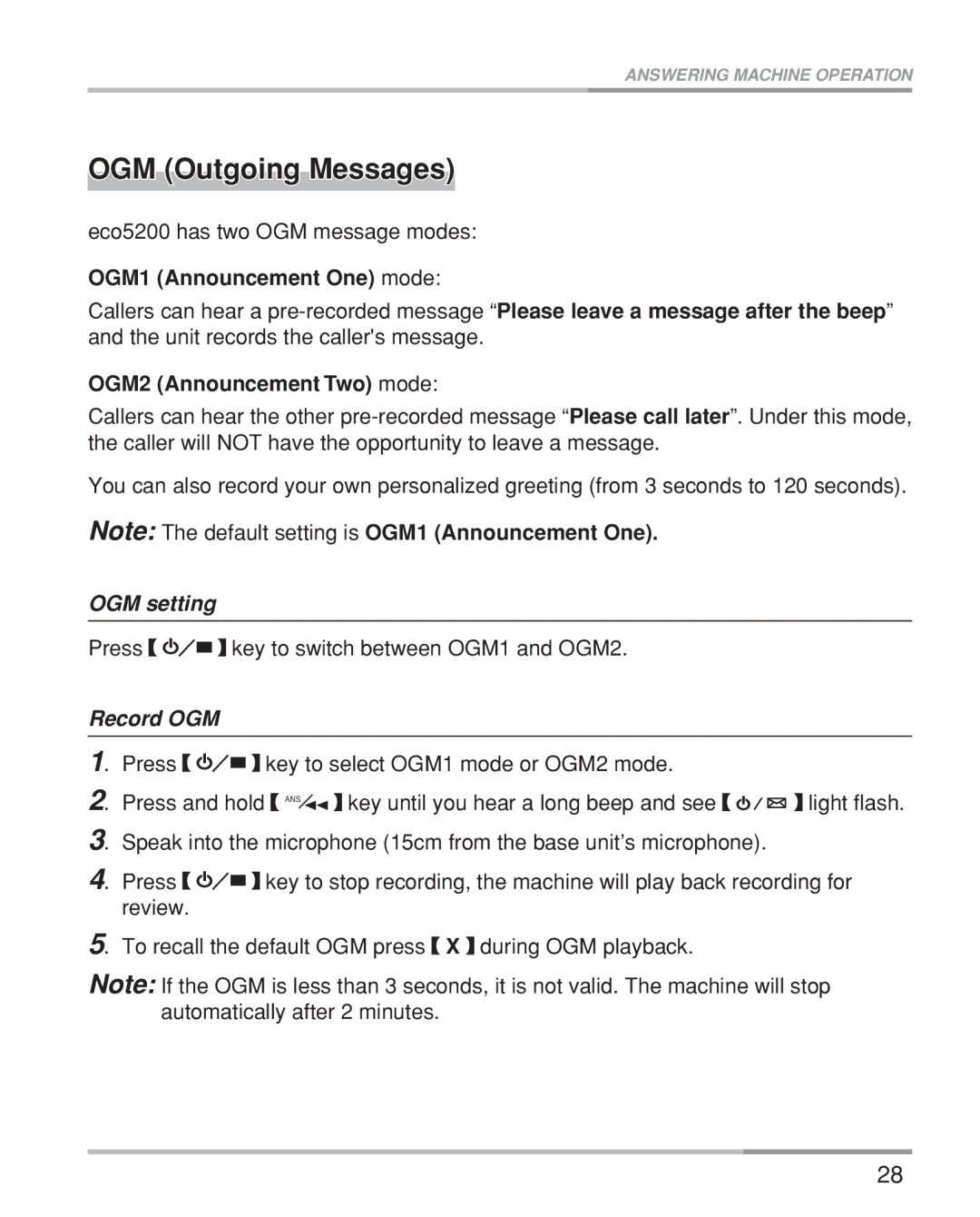 Oricom eco5200 Series manual OGM Outgoing Messages, OGM1 Announcement One mode, OGM2 Announcement Two mode, OGM setting 