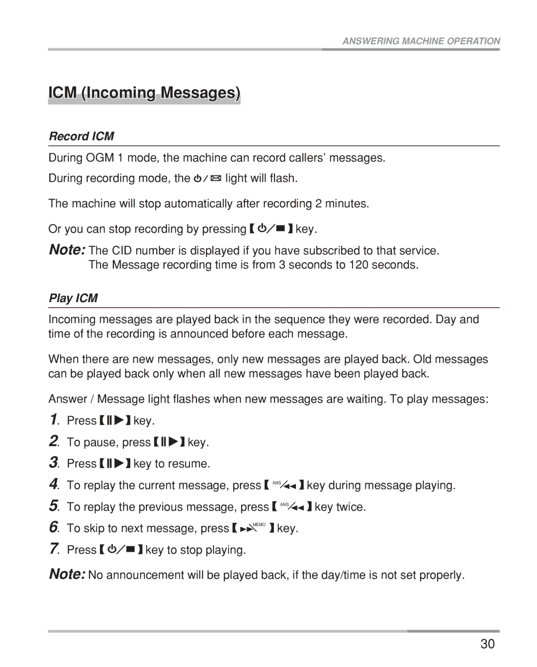 Oricom eco5200 Series manual ICM Incoming Messages, Record ICM, Play ICM 