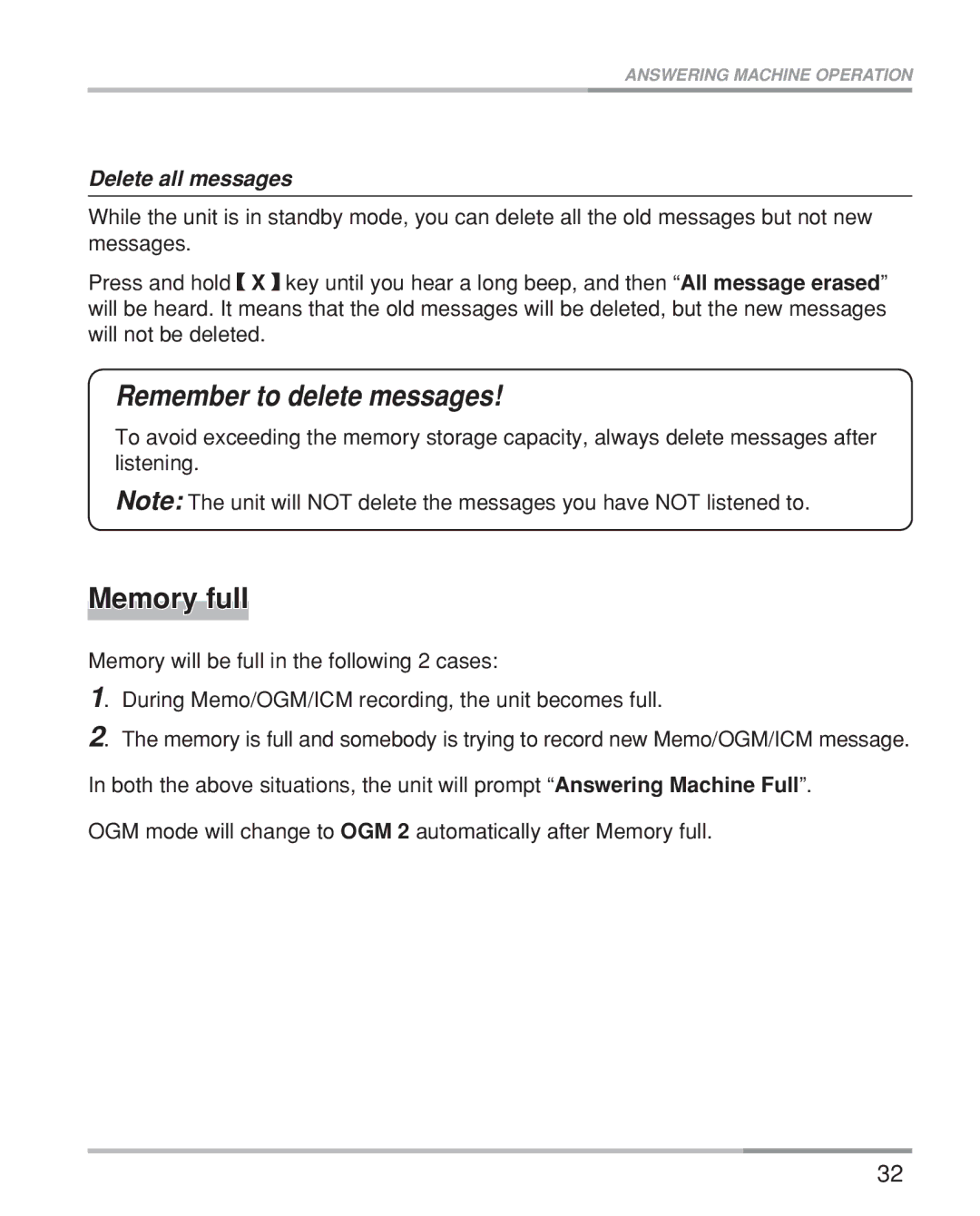 Oricom eco5200 Series manual Memory full, Delete all messages 