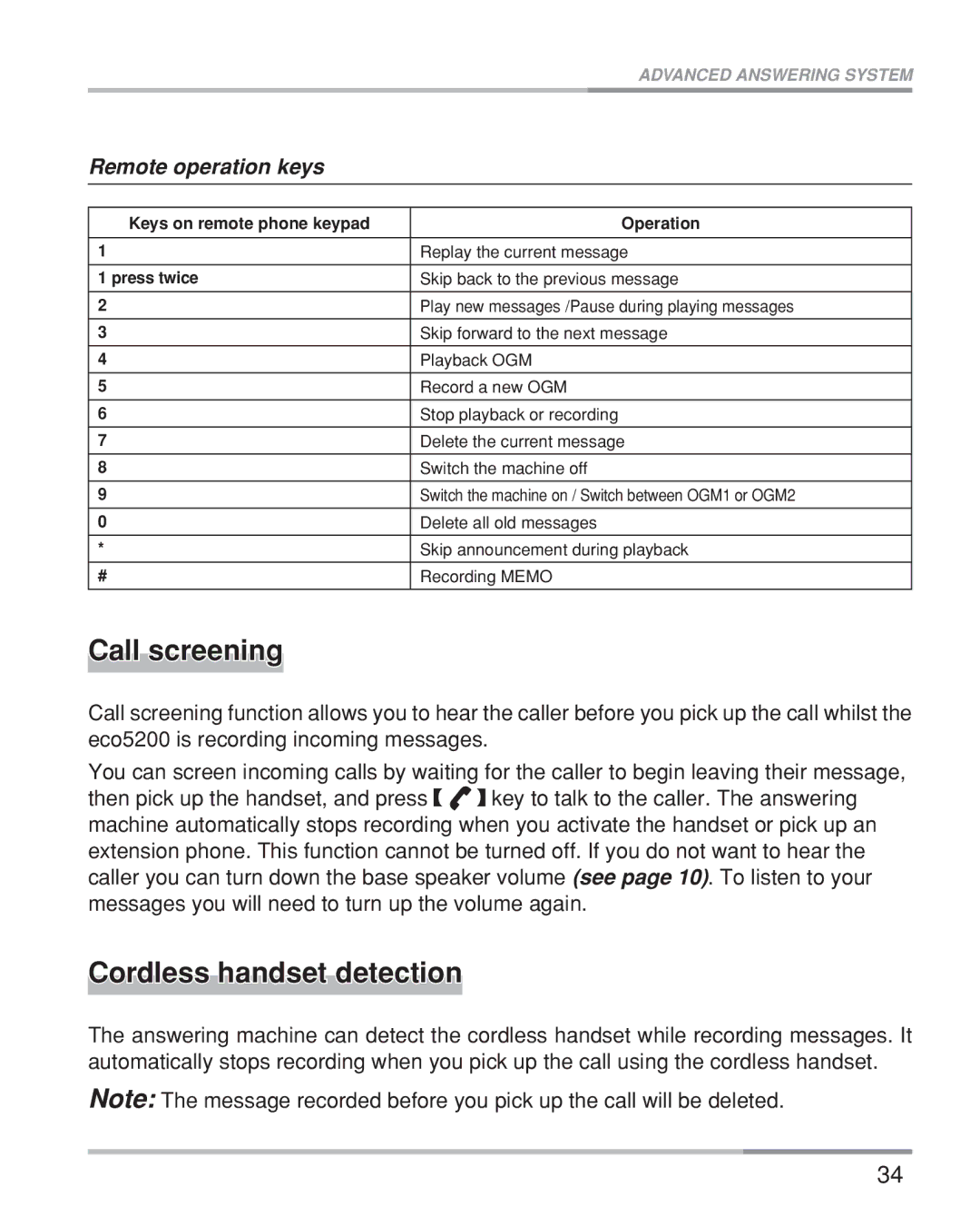 Oricom eco5200 Series manual Call screening, Cordless handset detection, Remote operation keys 