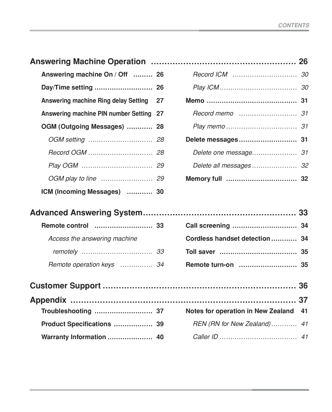 Oricom eco5200 Series manual Answering Machine Operation ……………………………………………… 