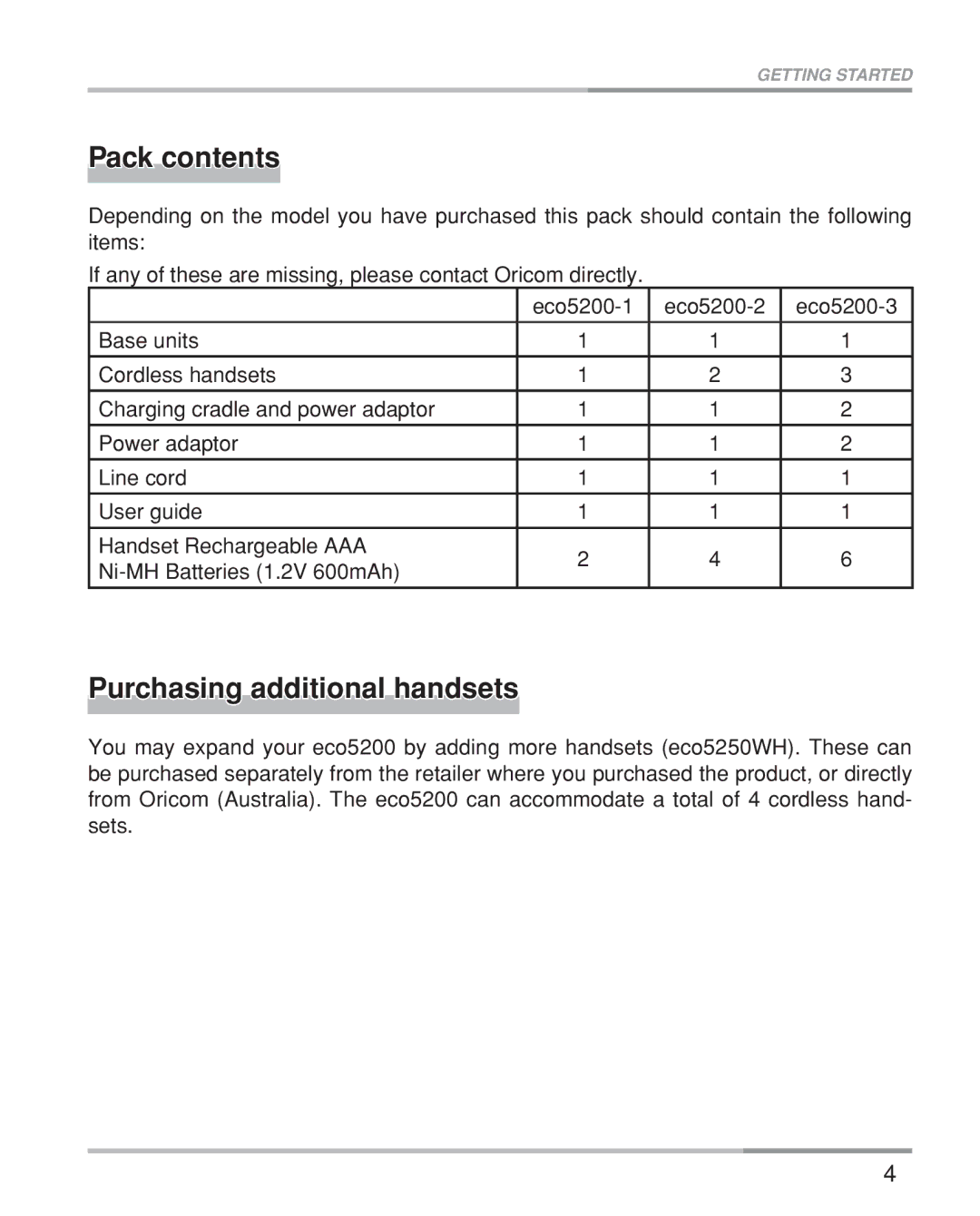 Oricom eco5200 Series manual Pack contents, Purchasing additional handsets 