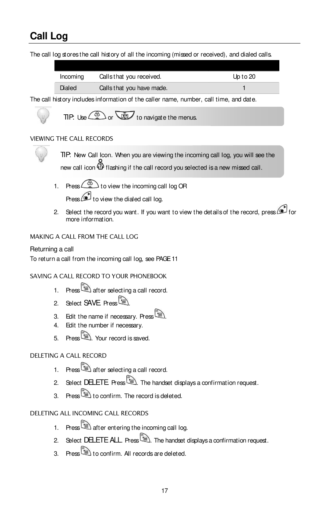 Oricom ECO600 manual Call Log, Returning a call 