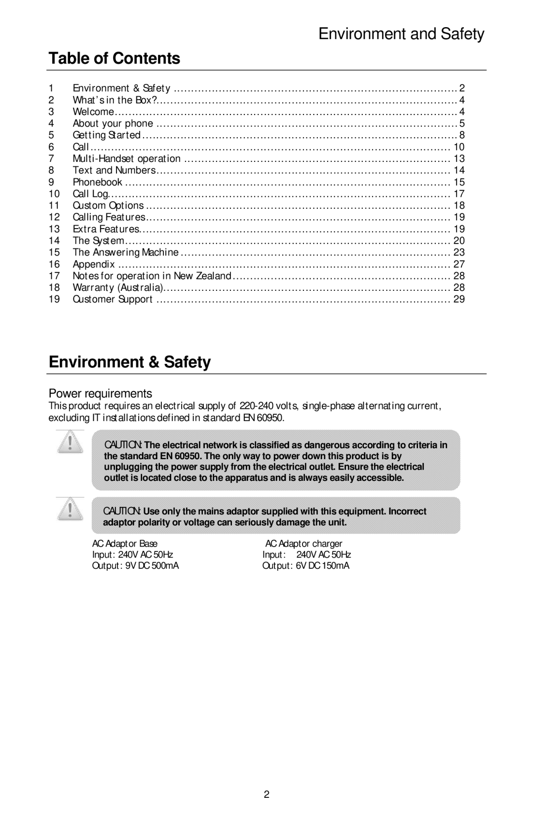 Oricom ECO600 manual Environment and Safety, Table of Contents, Environment & Safety 