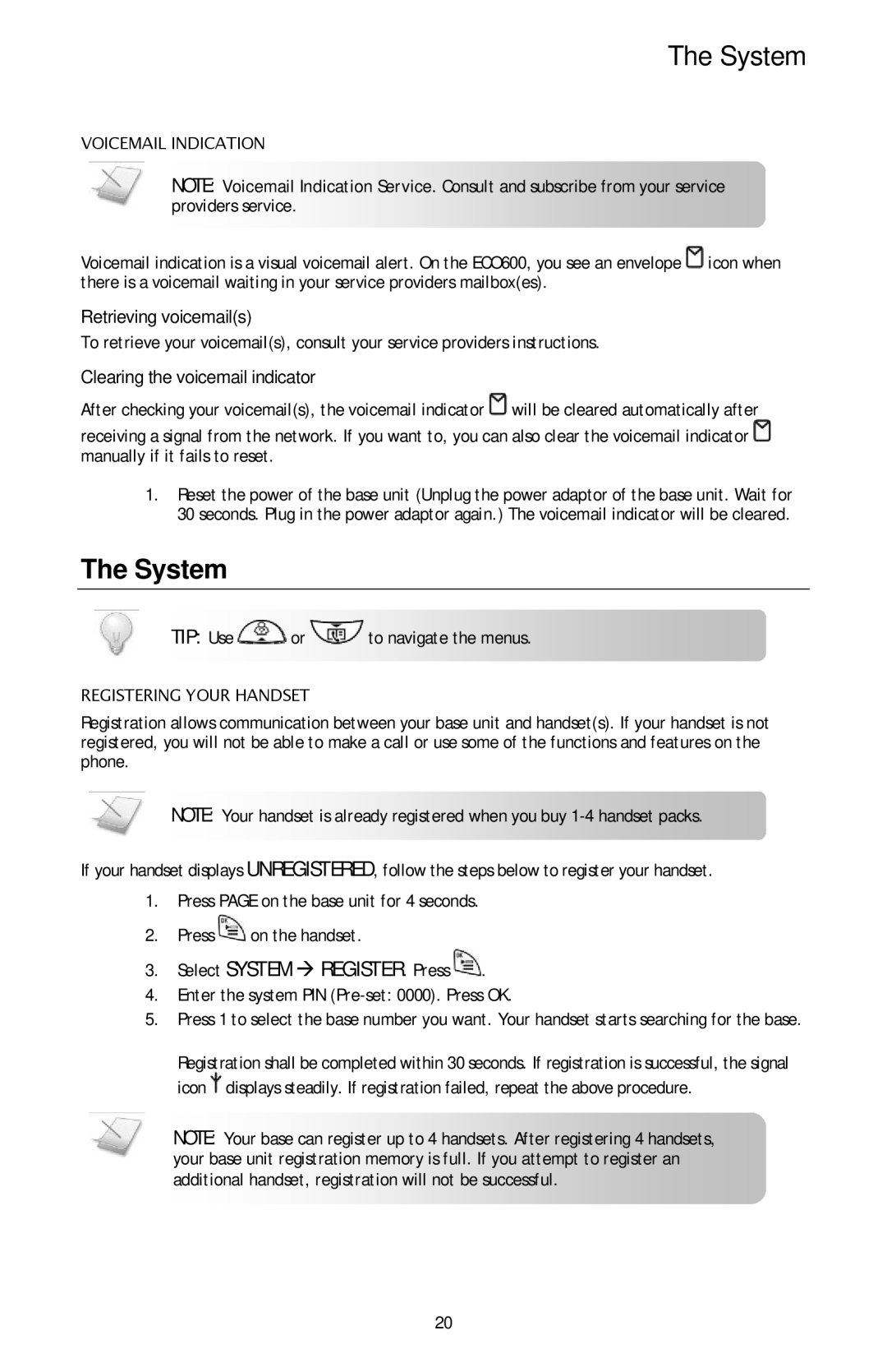 Oricom ECO600 manual System, Retrieving voicemails, Clearing the voicemail indicator 