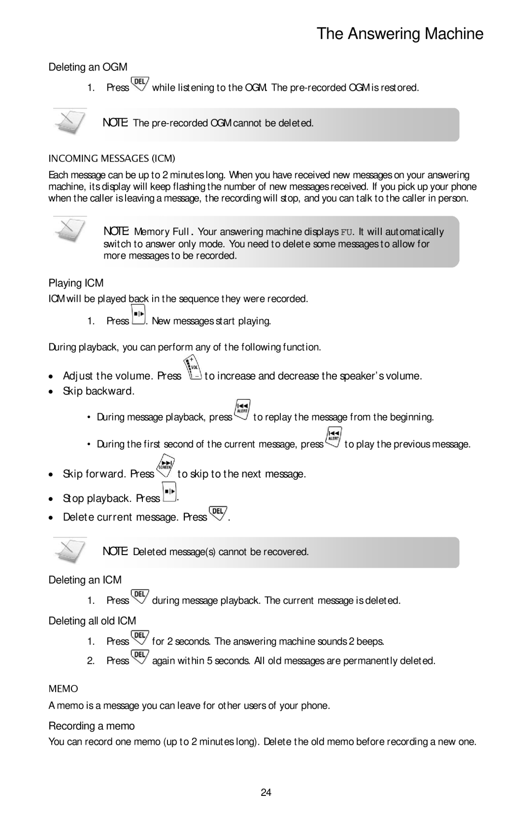 Oricom ECO600 manual Deleting an OGM, Playing ICM, Deleting an ICM, Deleting all old ICM, Recording a memo 
