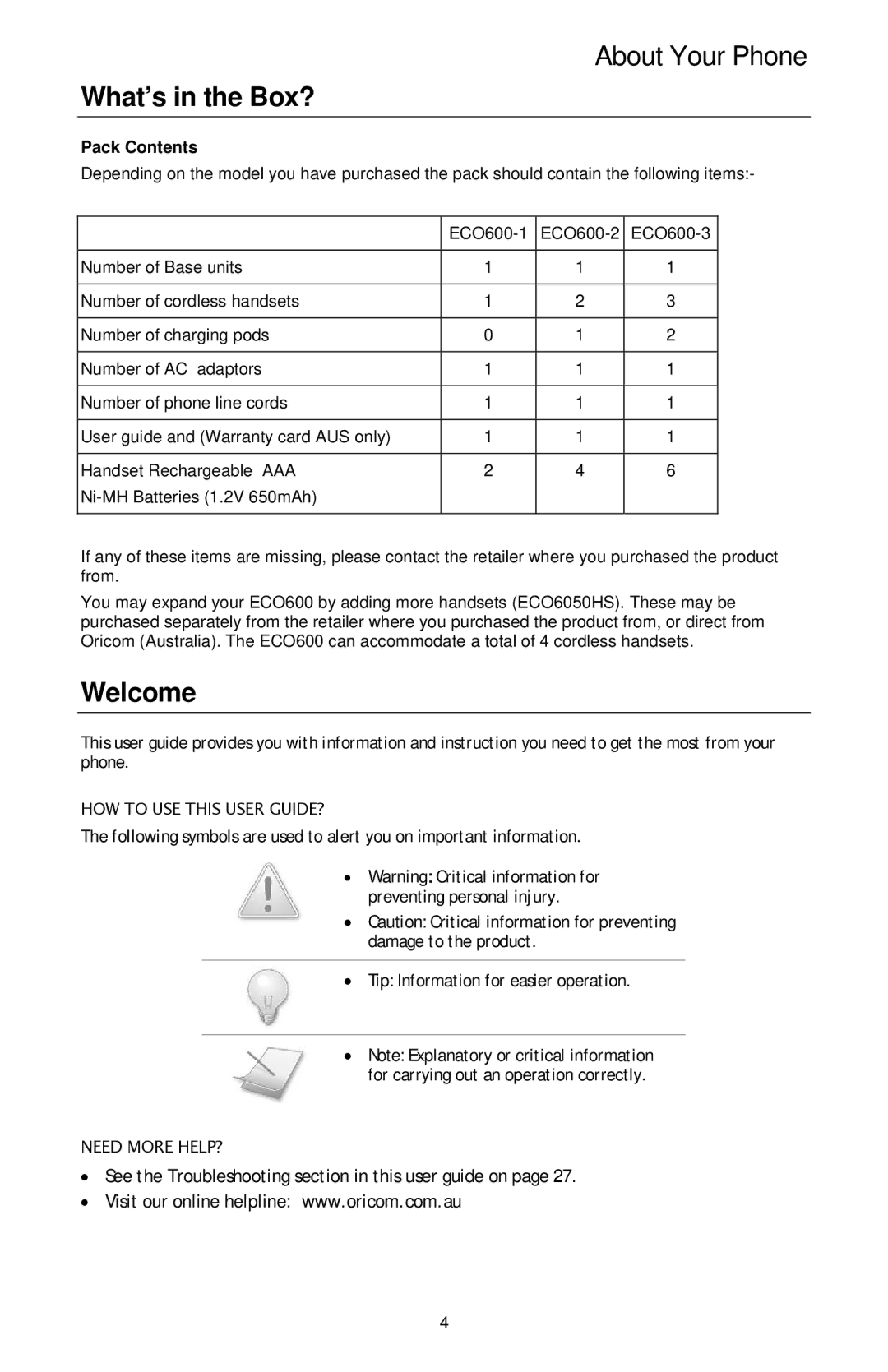 Oricom ECO600 manual What’s in the Box?, Welcome 
