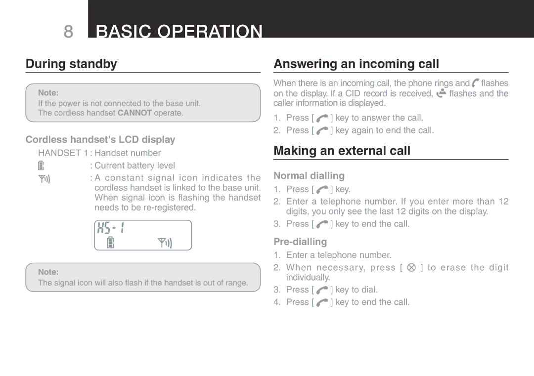 Oricom ECO700 manual Basic Operation, During standby, Answering an incoming call, Making an external call 