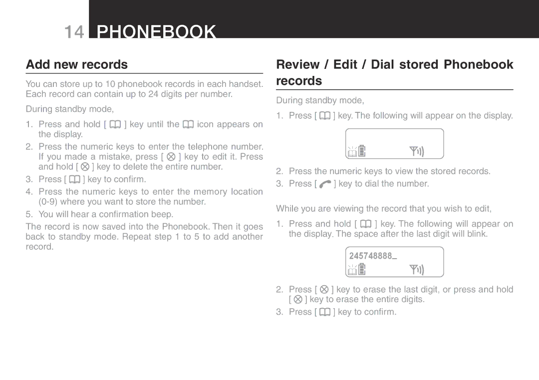 Oricom ECO700 manual Add new records, Review / Edit / Dial stored Phonebook records 