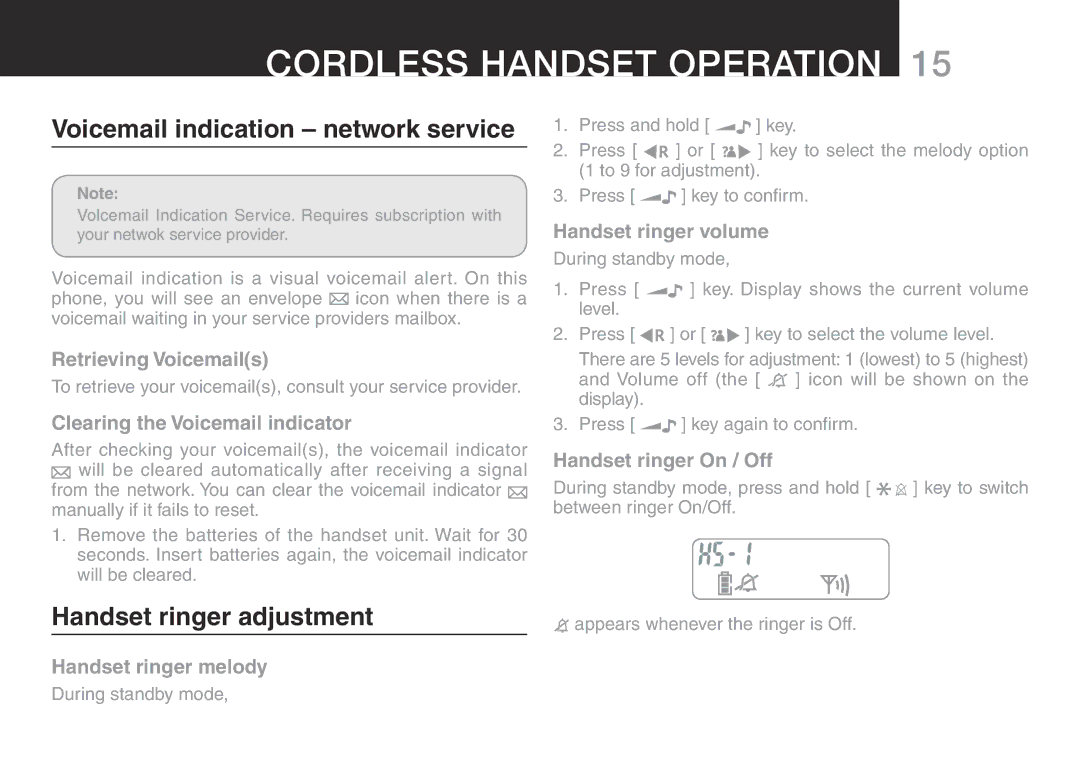 Oricom ECO700 manual Cordless Handset Operation, Voicemail indication network service, Handset ringer adjustment 