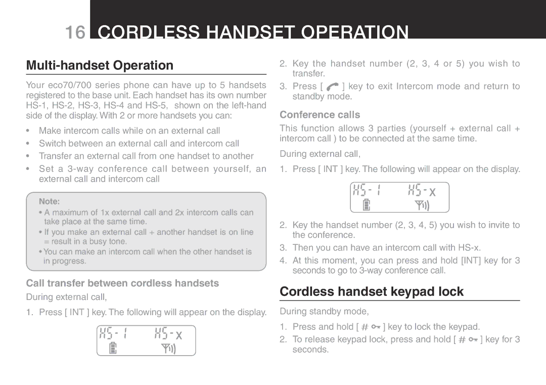 Oricom ECO700 manual Multi-handset Operation, Cordless handset keypad lock, Call transfer between cordless handsets 