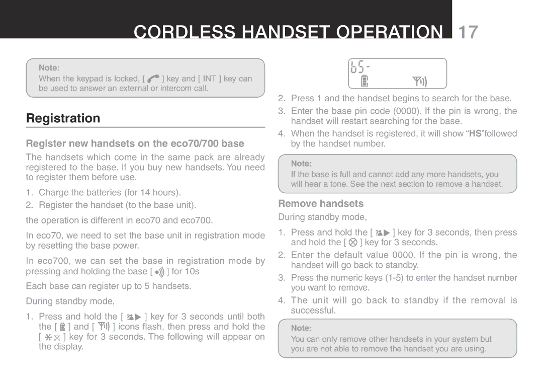 Oricom ECO700 manual Registration, Register new handsets on the eco70/700 base, Remove handsets 